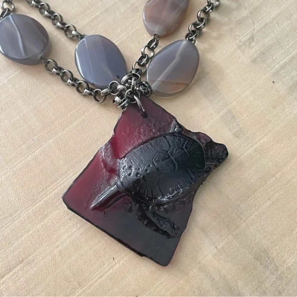 Handmade Maroon Glass Turtle Agate Statement Necklace Handmade Ocean Metal Gift